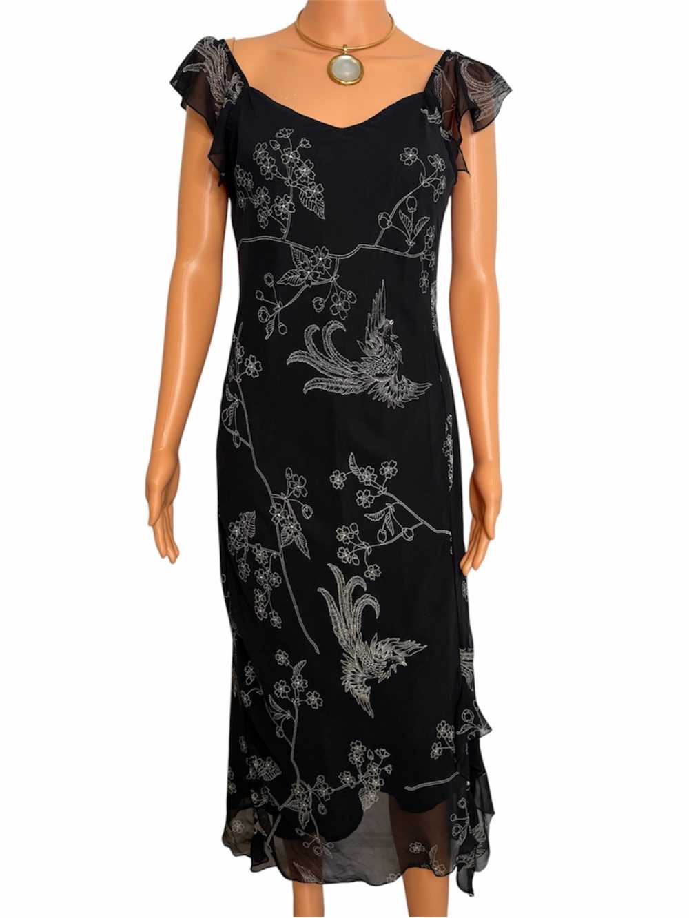 Vintage Votre Mode Y2K Black Embroidered Phoenix Mesh Sleeve Midi Dress
